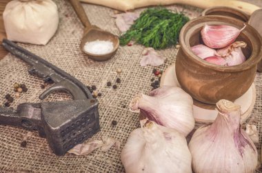 Sarımsak ampul ve karanfil, biber bezelye, tuz, kahverengi ahşap masa arka plan üzerinde yeşil dereotu. Farklı baharatlar. Marine için malzemeler.