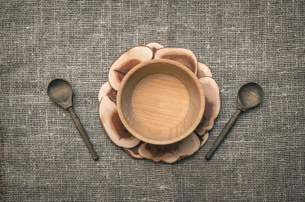 Holzsuppenteller Und Holzgabel Mit Löffel Küchenutensilien Kochgeschirr Aus Holz — Stockfoto