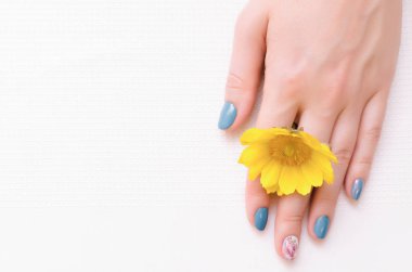 Kadın el manikür çivi ve sarı çiçek.