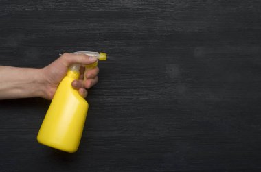 El püskürtücü şişe sprinkles su arka plan kopya alanı ile birlikte. Üstten görünüm, düz tabaka.