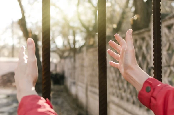 Woman Pulls Her Hands Bars Sun Female Freedom Concept — Stock Photo, Image