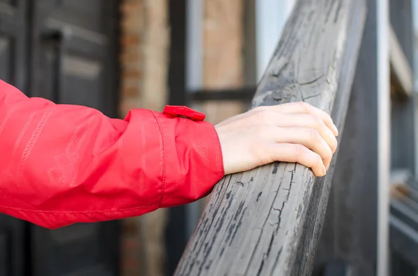 Woman Climbs Stairs Holding Her Hand Railing — Stock Photo, Image