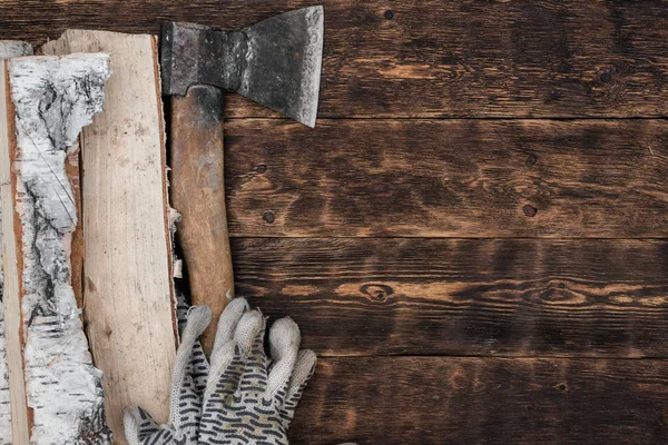 Hatchet Wooden Logs Wooden Floor Background Copy Space — Stock Photo, Image