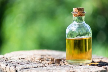 Doğal arka planda ahşap bir kütükte turuncu yağ şişesi..