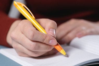 Kadın not defterine tükenmez kalemle yazı yazıyor. Yakın plan..