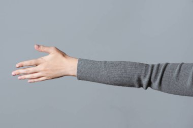 Gri arka planda izole edilmiş bir kadın tarafından el işareti verilmesi veya sorulması.