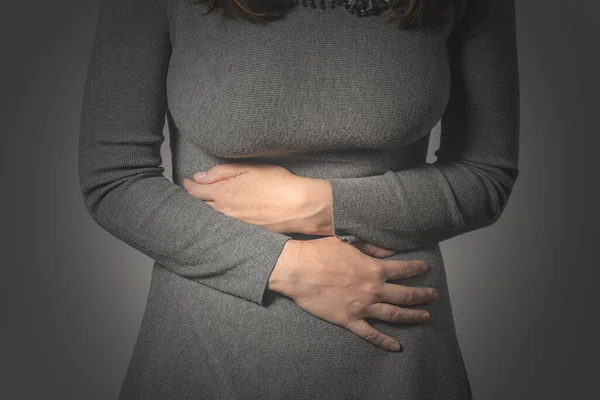 Woman Holding Her Belly Abdominal Pain — Stock Photo, Image