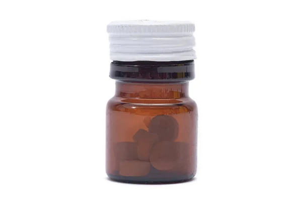 Bruine Pot Met Witte Dop Met Tabletten Binnen Geïsoleerd Witte — Stockfoto