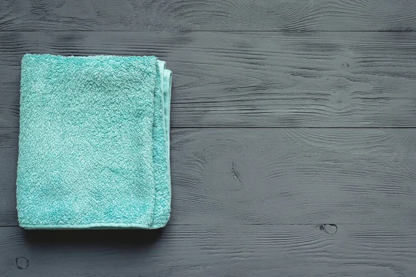 Bath Towel Gray Wooden Floor Background Copy Space — Stock Photo, Image