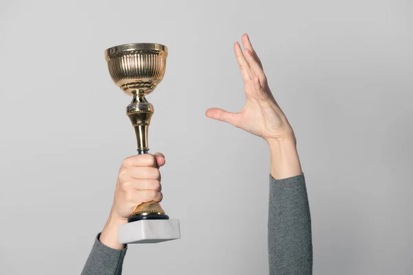 Golden Award Cup Winner Hand Isolated Gray Background Award Ceremony — Stock Photo, Image
