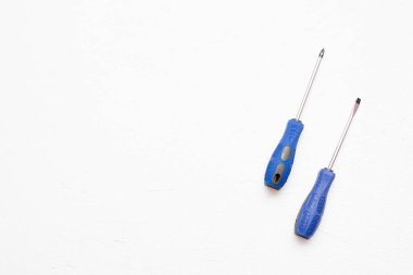 Beyaz düz zemin üzerinde mavi saplı tornavida kopyalama alanı ile yatıyordu.