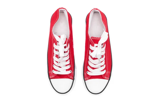 Zapatos Goma Rojos Aislados Sobre Fondo Blanco Vista Superior —  Fotos de Stock