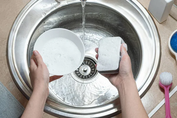 Woman Washing Dishes Sponge Kitchen Sink Dish Washing Washing Concept — Stock Photo, Image