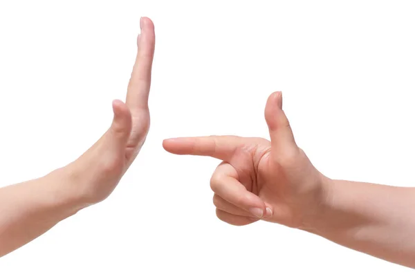 Female Hand Pointing Index Finger Palm Woman Who Denies Guilt — Stock Photo, Image