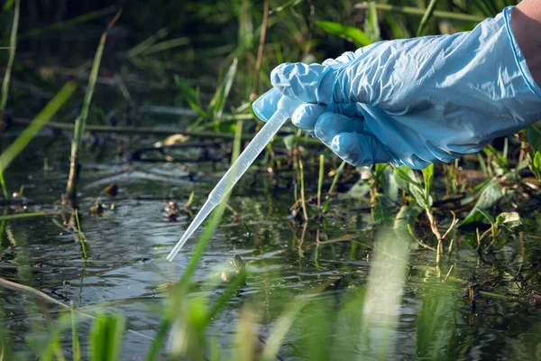 Konsep Polusi Air Ilmuwan Wanita Mengambil Sampel Air Dari Kolam — Stok Foto
