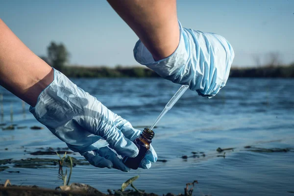 Konsep Polusi Air Ilmuwan Wanita Mengambil Sampel Air Dari Kolam — Stok Foto