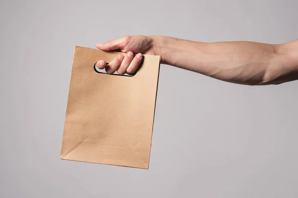 Shopping Bag Male Hand Isolated Gray Background — Stock Photo, Image