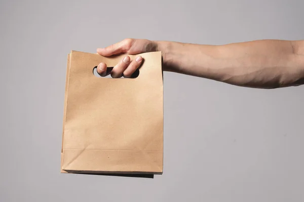 Shopping Bag Male Hand Isolated Gray Background — Stock Photo, Image