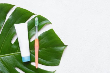 Yeşil canavar yaprağı üzerinde diş macunu ve diş fırçası beyaz taş zemin üzerinde fotokopi alanı ile.
