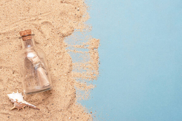 Message in the bottle on the sand. Summer vacation background with copy space.