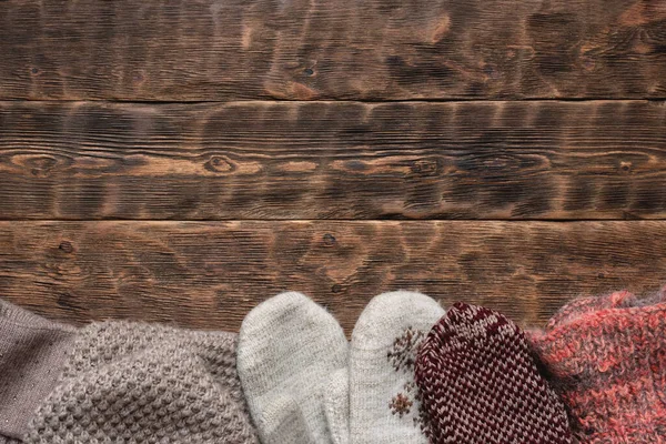 Winter Warm Clothes Brown Wooden Table Background — Stock Photo, Image