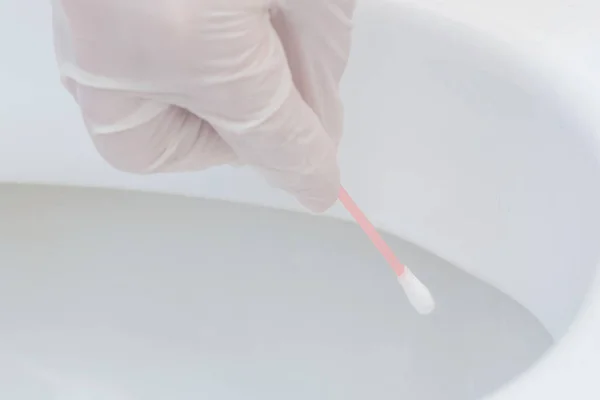 과학자들은 변기에 면직물을 가지고 면봉을 닫는다 — 스톡 사진