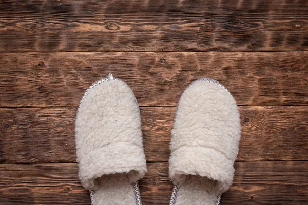 Woolen Slippers Wooden Floor Hallway Background — Stock Photo, Image