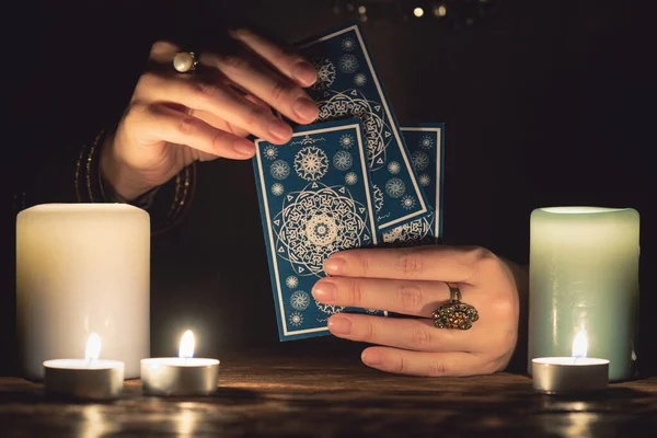 Fortune Teller Tarot Cards Hands Close Future Reading Concept — Stock Photo, Image