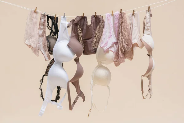 Female underwear is hanging on the rope on light background.