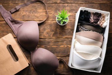 Ahşap bir masa arkasında kadın iç çamaşırı ve alışveriş çantası..