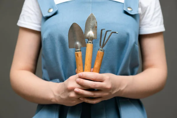 Tuinman Met Hark Schep Handen Dicht — Stockfoto