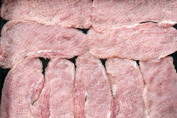 Pedaços Carne Porco Crua Fundo Panela — Fotografia de Stock