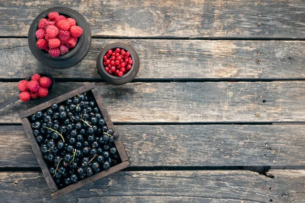 Raspberry and black currant in the container on the garden table background.