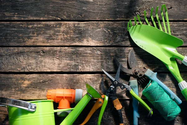 Garden Tools Equipment Wooden Flat Lay Background Copy Space — Stock Photo, Image