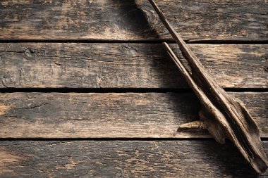 Tahta zemin üzerinde kurumuş ağaç dalı ve kopyalama alanı.