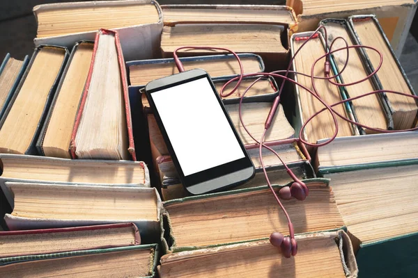 Teléfono Móvil Con Pantalla Blanco Con Espacio Para Copias Libros — Foto de Stock