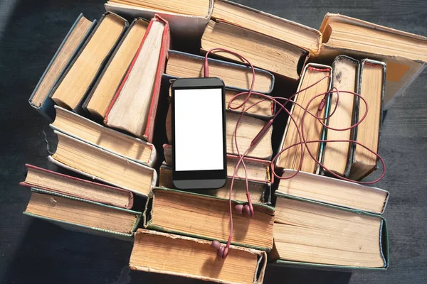 Mobile Phone Blank Screen Copy Space Old Books Electronic Book Stock Image