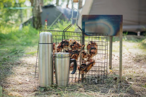 Turkey Meat Grill Brazier Thermos Steel Cup Ground Tourist Tent — Stock Photo, Image