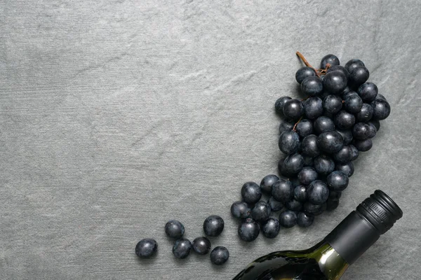 Bottle Red Wine Grapes Stone Surface Flat Lay Background Copy Stock Picture