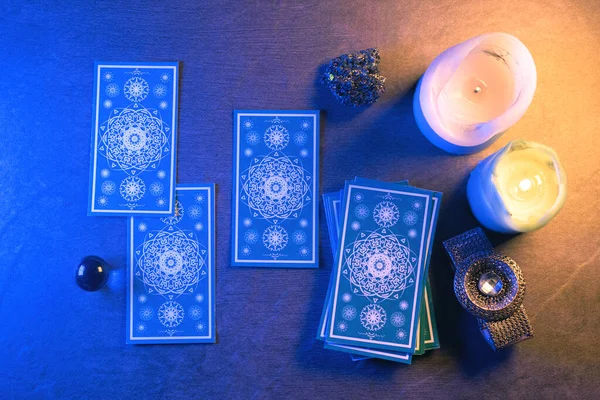 Tarjetas Del Tarot Sobre Fondo Mesa Piedra Lectura Futura — Foto de Stock