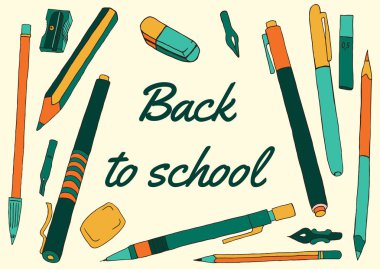 Okula geri aksesuarları kalem silgi kalem yazma Bileme makineleri illüstrasyon el çizimi vektör