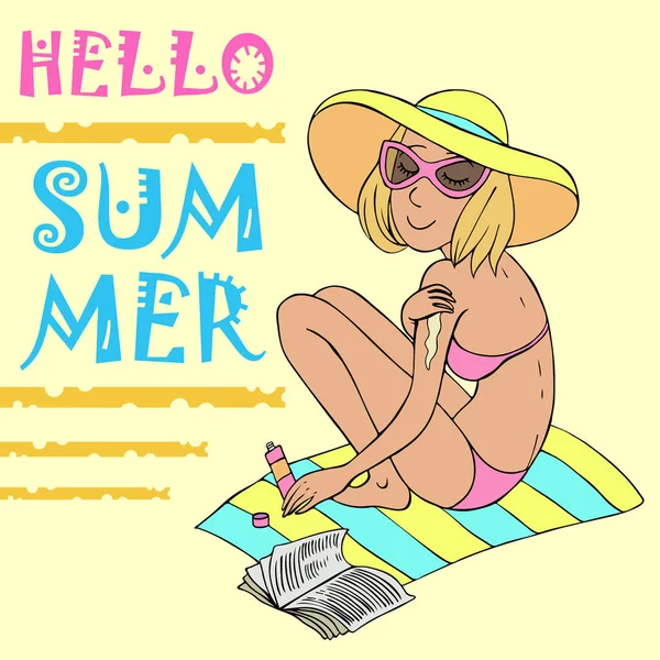 Strand Mädchen Vektor Illustration Hand Zeichnung Hallo Sommer Text — Stockvektor