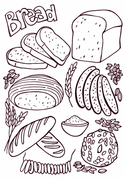 Bröd Skivat Vete Konturer Vektor Illustration Hand Ritning Set — Stock vektor