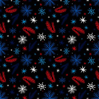 Kar taneleri ladin dalları vektör illüstrasyon siluetleri Noel dikişsiz desen