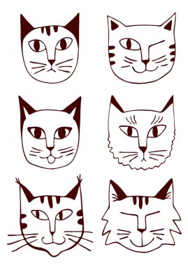 Kediler anahat baş vektör illüstrasyon el çizimi