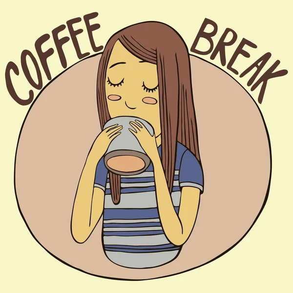 Kaffeepause Mädchen Trinkt Vektor Illustration Handzeichnung — Stockvektor