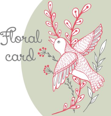 Kuş bitkileri uçan çiçek kartpostal vektör illüstrasyon el çizim metin yazıt