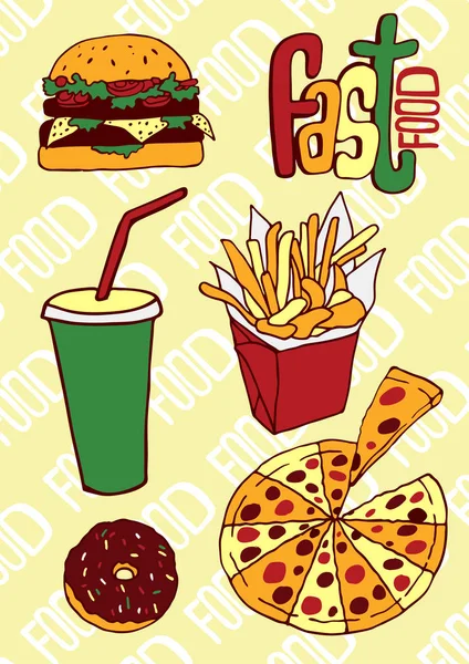 Fast Food Vector Ilustração Esboço Cor Hambúrguer Batatas Fritas Mão — Vetor de Stock