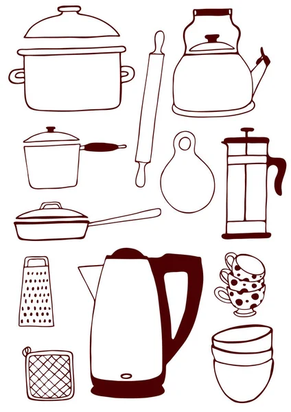 Utensili Cucina Contorni Cucina Vettore Illustrazione Set Schizzo Mano Disegno — Vettoriale Stock