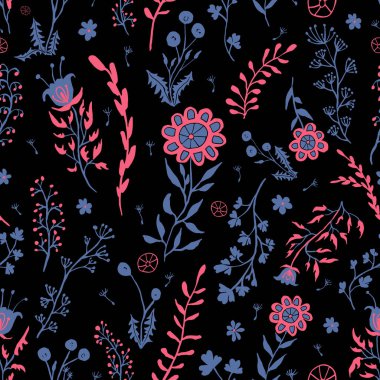 Siyah bir arka plan üzerinde çiçek dikişsiz desen el çizilmiş vektör illüstrasyon